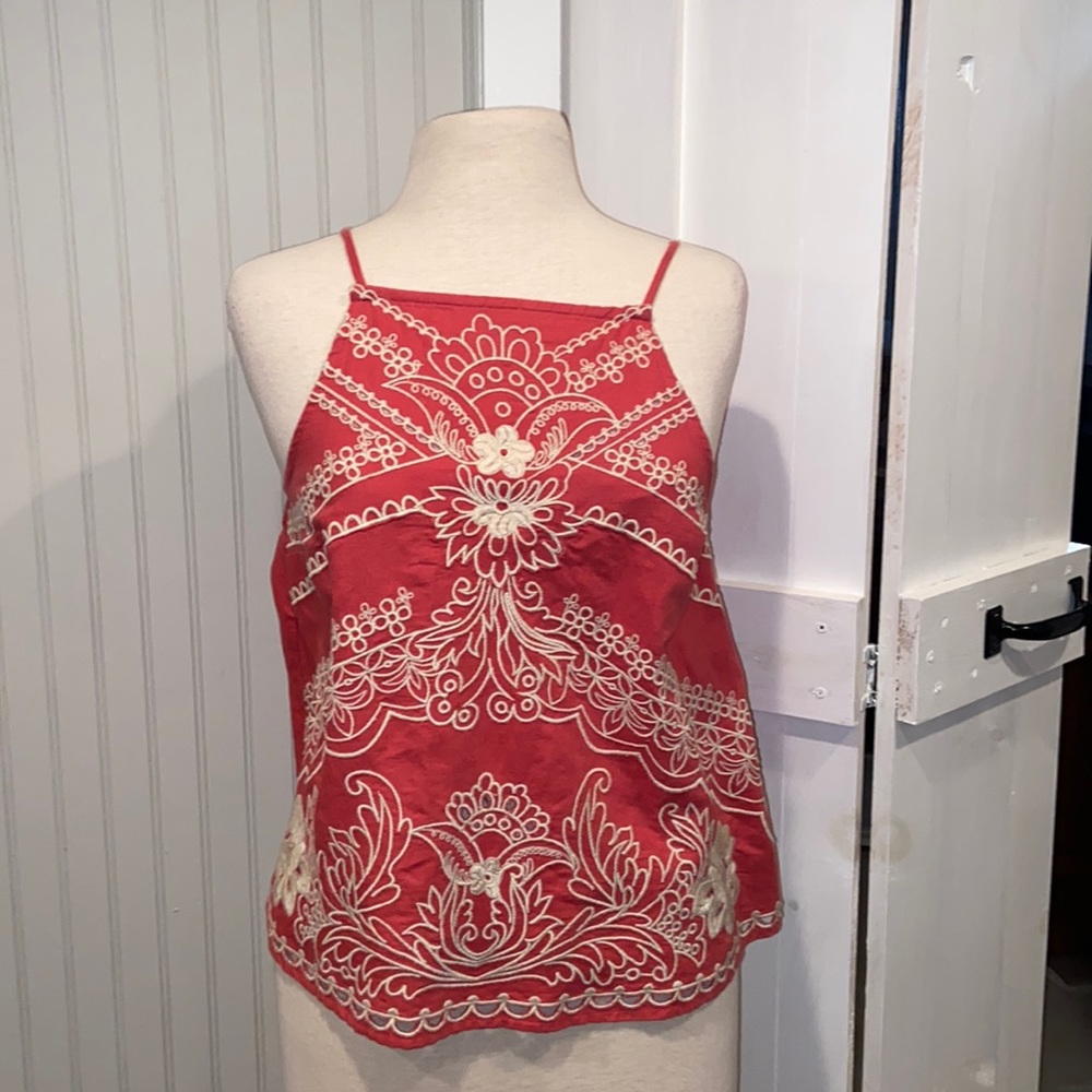 VanessaVirginia Anthro Pink Embroidered Eyelet Tank Top